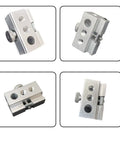 Heavy Duty Aluminum Table Clip Slider For IGT Camp Systems With 6mm 8mm And Quarter Inch Adapters, showing multiple angles.
