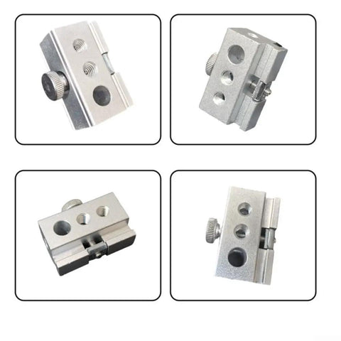 Heavy Duty Aluminum Table Clip Slider For IGT Camp Systems With 6mm 8mm And Quarter Inch Adapters, showing multiple angles.