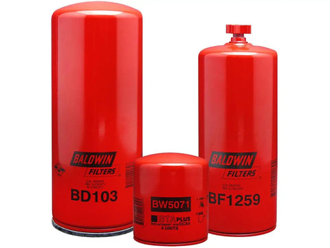 Heavy Duty Cummins Engine Filter Service Kit with three red Baldwin filters including BD103, BW5071, BF1259.