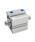 Top Shelf Double Rod Compact Air Cylinder And Pneumatic Actuator with alloy barrel and blue end caps, ideal for tight spaces.