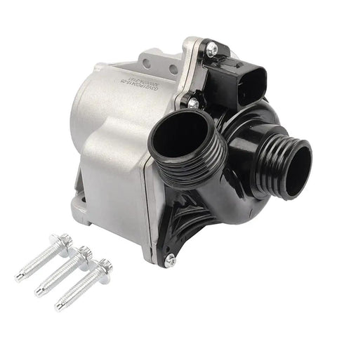 BMW Replacement Electric Engine Water Pump With Bolts For 3.0L I6 Engines, showing the pump and included bolts.