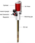 Heavy Duty Pneumatic Grease Pump And Universal Gun With 16 Ft Hose For 55 Gallon Drums showing cylinder, gauge, and oil rod components.