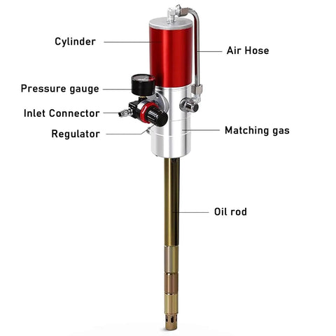 Heavy Duty Pneumatic Grease Pump And Universal Gun With 16 Ft Hose For 55 Gallon Drums showing cylinder, gauge, and oil rod components.