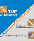 22-piece hex shank drill bit set for impact drivers; titanium-coated HSS bits with 135° split point
