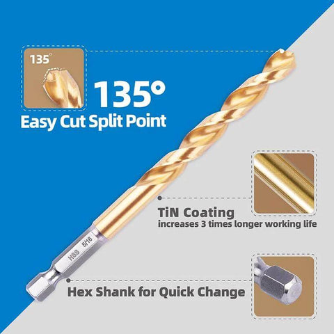 22-piece hex shank drill bit set for impact drivers; titanium-coated HSS bits with 135° split point
