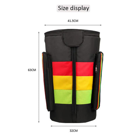 Road Warrior Djembe Drum Backpack With Waterproof Oxford Weave For 13 Inch African Percussion, size display with measurements.