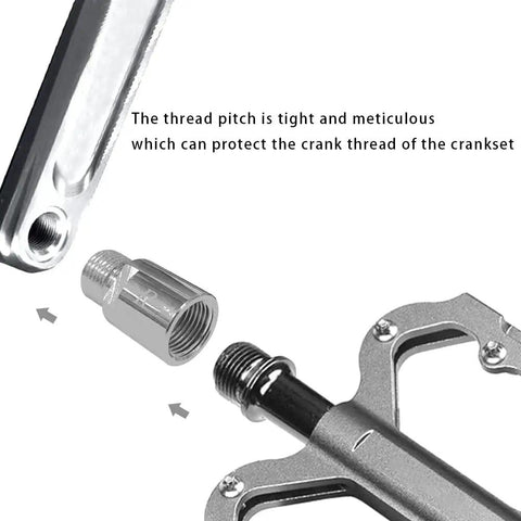 Bike Pedal Extenders Set For 9 Sixteenth Inch Threaded Pedals Chrome Molybdenum Steel Pedal Adapters Extended By 20mm CNC Machined Waterproof And Rust Resistant Durable Bike Pedal Accessories Pair For Comfort And Stability, showing metallic adapter and threaded pedal connection.