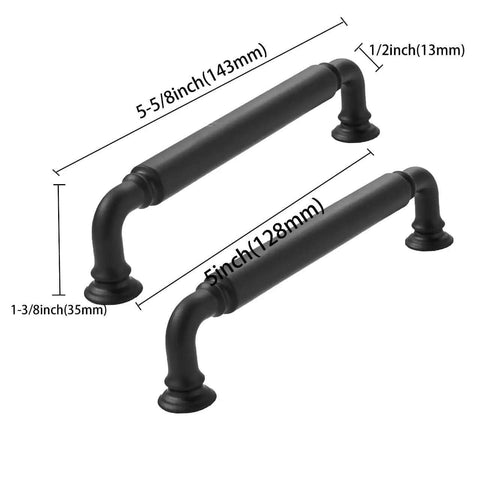 10 Pack 5 Inch Center To Center Matte Black Cabinet Pulls Built Tough Heavy Duty Handles with measurements displayed.
