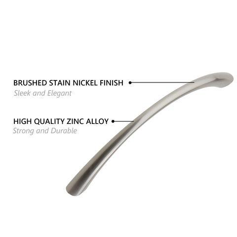 Transitional Tapered Curved Arch Drawer Handle Pull In Satin Nickel Finish 128mm Center to Center, featuring sleek brushed finish.