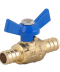 One Half Inch PEX Brass Ball Valve with Blue T Handle, DIY Friendly Shut Off PEX Barb Water Valve, CUPC Certified, front view