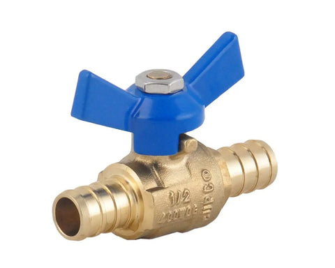 One Half Inch PEX Brass Ball Valve with Blue T Handle, DIY Friendly Shut Off PEX Barb Water Valve, CUPC Certified, front view
