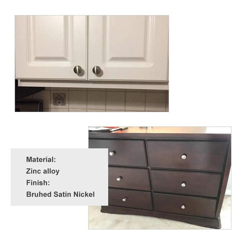 30 Pack Brushed Nickel Cabinet Knobs Set For Cabinets And Drawers shown on kitchen cabinets and dresser.