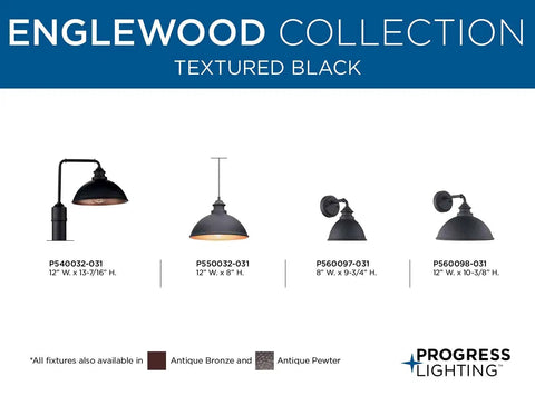 Englewood Collection textured black outdoor pendant and wall lights assortment with dimensions by Progress Lighting