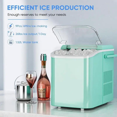 Portable Ice Maker with Self Cleaning System and Scoop Delivers Fresh Ice in Under 6 Minutes for Any Countertop, teal color, small design.