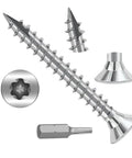 Top Shelf Carbon Steel Wood Screws Number Six By One Inch Flat Countersunk Heads With T10 Torx Star Drive Self Tapping Galvanized Deck Fasteners 200 Pack displayed with various screw angles and drive bits.