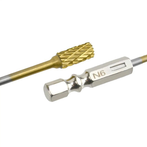 Top Shelf Tungsten Carbide Rotary Burrs With Kickin Cutting Speed And Quarter Inch Hex Shank, showing detailed cutting tool.