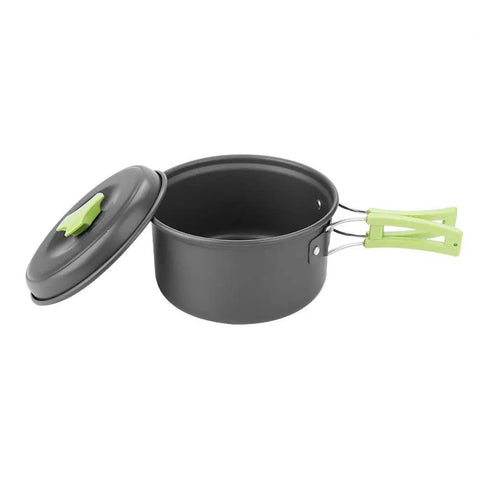 Open pot with foldable handles from 8 Piece Portable Camping Cookware Set For Outdoor On The Go Cooking Lightweight Aluminum Pots Pans And Bowls.