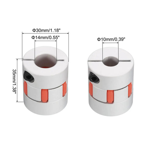 Aluminum Plum Shaft Coupling 10mm To 14mm Bore L35xD30 Flexible Coupler Joint For Machines, pack of 2, dimensions displayed