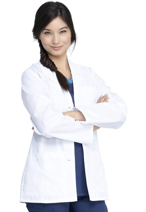 Woman wearing Women's 28 Inch Poplin Lab Coat With Notched Lapels And Button Front Built To Last All Day Comfort Workhorse Medical Coat In White