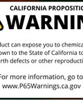 California Proposition 65 warning label indicating chemical exposure risks and health warnings for products.