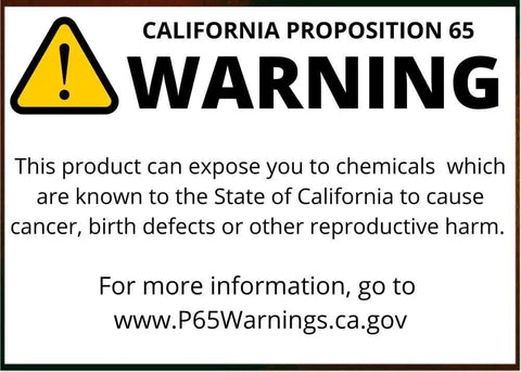 California Proposition 65 warning label indicating chemical exposure risks and health warnings for products.