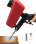 Get The Job Done With This Slick 90 Psi Gravity Feed Sandblaster Gun Kit Featuring Dual Nozzle Tips And Smooth Air Regulator For Zero Hassle Rust And Paint Removal, red sandblaster in use.