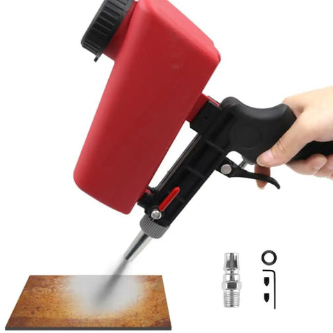 Get The Job Done With This Slick 90 Psi Gravity Feed Sandblaster Gun Kit Featuring Dual Nozzle Tips And Smooth Air Regulator For Zero Hassle Rust And Paint Removal, red sandblaster in use.