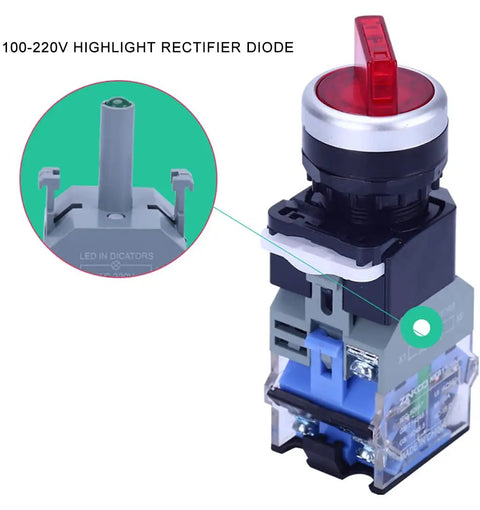 Two Pack Heavy Duty Latching Rotary Selector Switch With 110V LEDs, 22mm Panel Mount, 2 Positions, 1 NO 1 NC, installed close-up