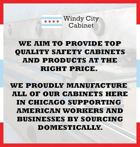 Windy City Cabinet banner showing safety cabinet branding and Chicago flag emblem.