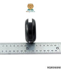 Side view of Buna N Rubber Grommet for nine sixteenth inch hole in one eighth inch thick panel, measured against ruler