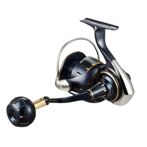 Saltiga 6000P Spinning Reel for saltwater fishing, heavy duty performance of 4.9 to 1 gear ratio, sleek design with 33.1 lb max drag.