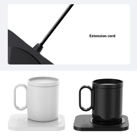 Digital Display Coffee Mug Warmer With Adjustable Temp Control And Fast Heating Pad, featuring white and black ceramic mugs on electric base.