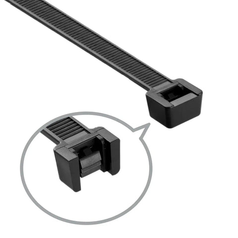 Close-up of black Heavy Duty Zip Ties Assorted Pack 6 Inch 40Lb 8 Inch 50Lb 12 Inch 50Lb Nylon 66 UV Resistant Indoor Outdoor Cable Ties