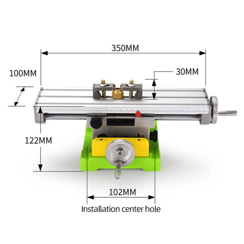 Diagram of Precision Milling Machine Worktable With Multifunction Drill Vise Fixture For Hobbyist Shops, dimensions labeled.