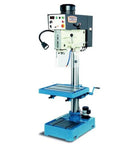 High Speed 220V 1 Phase Inverter Driven Drill Press With 2 HP Motor, 20 Inch Swing, 1 1/4 Inch Mild Steel Drilling Capacity, Auto Reversing Tapping Up To.75 Inch, Morse Taper Spindle, Heavy Duty Precision For Home Shop And Pros - blue heavy duty drill press with adjustable work table and motor.