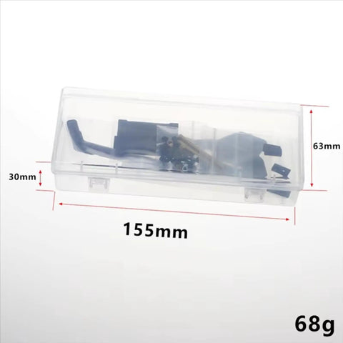 Beefed-Up Carbon Fiber RC Chassis Frame Upgrade Kit For 1x18 Scale Crawlers in clear plastic box with dimensions