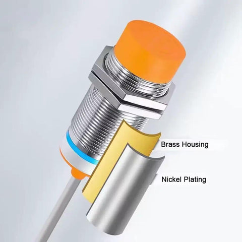 Capacitive Proximity Sensor Switch M24 Thread, Shielded Mount, PNP Normally Closed DC Type With LED Indicator, brass-nickel plated body