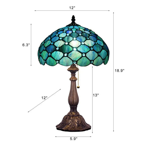 Sea Blue Pear Stained Glass Shade Tiffany Style Table Lamp with 12 Inch Wide 19 Inch Tall Antique Bronze Base UL Listed Reading Light