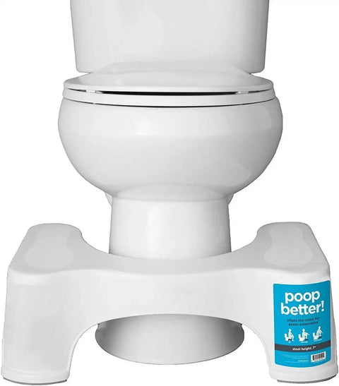 7 Inch Toilet Stool For Killer Bathroom Posture And Comfort White, Ergonomic Stand in use with standard white toilet.