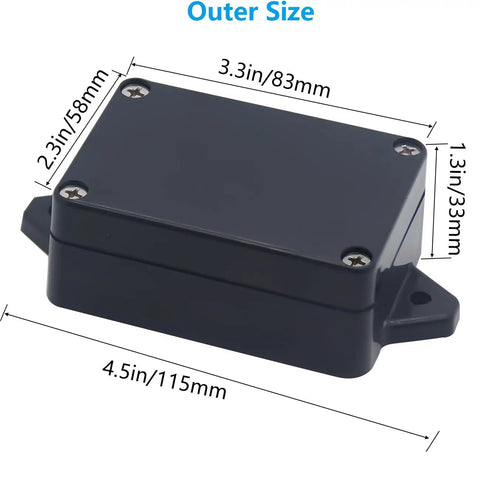 IP65 Waterproof ABS Plastic Project Box Junction Enclosure Built Tough For DIY Electronics Power Housing With Fixed Ear 3 Point 3 X 2 Point 3 X 1 Point 3 Inches Black Indoor Outdoor Rugged Ready, outer size diagram