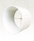 Shallow Drum Lamp Shade With English Box Pleat In Crisp White, Modern Silk Look, showcasing interior premium lining.