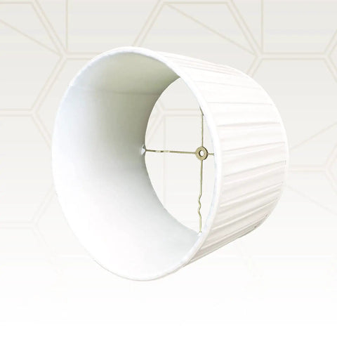Shallow Drum Lamp Shade With English Box Pleat In Crisp White, Modern Silk Look, showcasing interior premium lining.