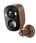 Smooth Wireless Outdoor Security Camera With Crisp 2K HD Visuals And Smart PIR Motion Detection Rechargeable Battery mounted on wall in brown