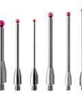 Six stainless steel CMM touch probes with M3 threads and pink ball-tip styluses in varying sizes, front view.