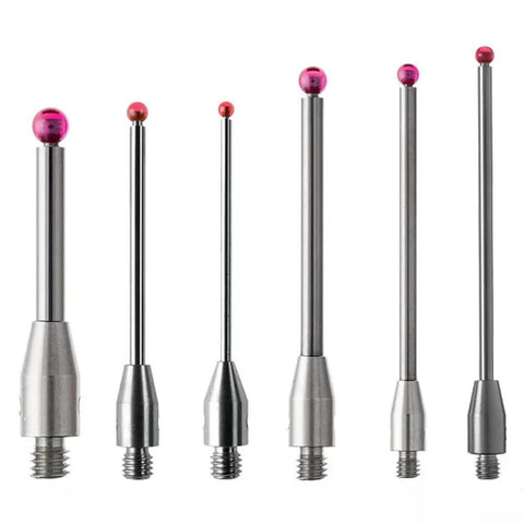 Six stainless steel CMM touch probes with M3 threads and pink ball-tip styluses in varying sizes, front view.