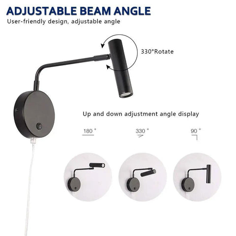Industrial Plug In Wall Light With Cord 240 Degree Adjustable Head Warm White 3000K Black Finish Bedroom Sconce