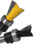 Two Pack One Quarter Inch Shank Dovetail Router Bits With Bearing Guide For Furniture Making And Cabinetry, close-up view.