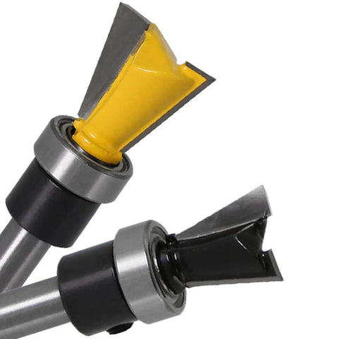 Two Pack One Quarter Inch Shank Dovetail Router Bits With Bearing Guide For Furniture Making And Cabinetry, close-up view.