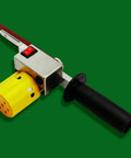 Badass Handheld Electric Belt Sander With Seven Adjustable Speeds And Killer Apex Edge Sharpening Setup top view showcasing yellow motor and black handle.