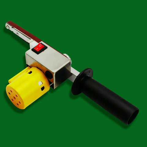 Badass Handheld Electric Belt Sander With Seven Adjustable Speeds And Killer Apex Edge Sharpening Setup top view showcasing yellow motor and black handle.